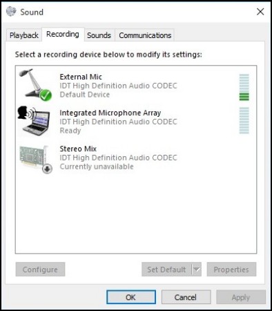 Sound window with Recording tab showing a detected signal for the Microphone device