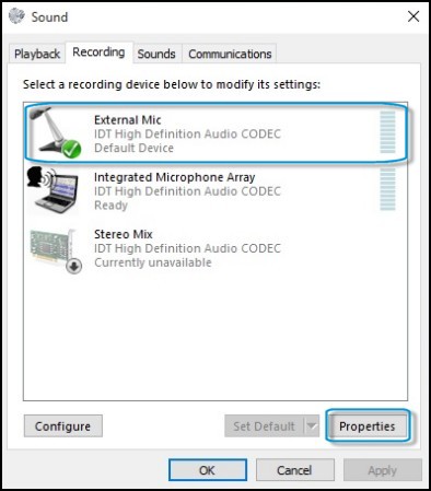 Recording tab in Sound window with Properties button highlighted