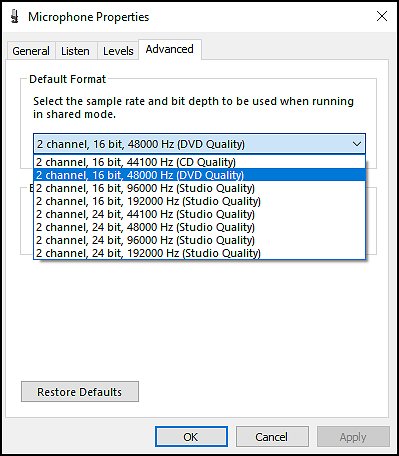 Changing the default format of the microphone