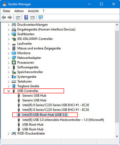 Ausfindigmachen des USB-3.0-Root-Hubs