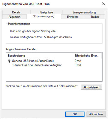 Fenster Energieeigenschaften des USB-Root-Hub