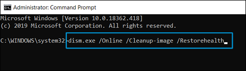 Example of 'dism.exe /Online /Cleanup-image /Restorehealth' typed in the Command Prompt
