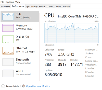 Example of an app using high levels of system resources on the Performance tab