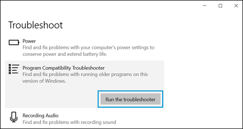 Selecting to run the Program Compatibility Troubleshooter