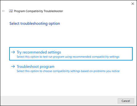 Selecting an option to run the Program Compatibility Troubleshooter