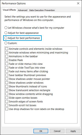 Selecting Adjust for best performance to turn off non-essential graphical elements