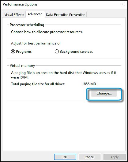 Selecting Change in the Virtual memory section of Performance Options