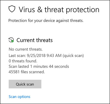 Virus &amp; threat protection screen with scan options