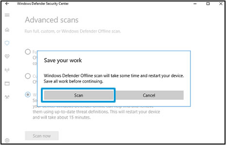 Windows Defender custom scan option Save your work screen