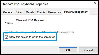 Allow this device to wake the computer selection in the Power Management tab