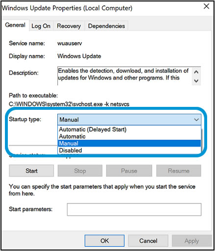 Selecting Manual on the Startup type menu in Windows Update Properties