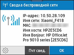 Пример экрана со сводной информацией о беспроводном подключении