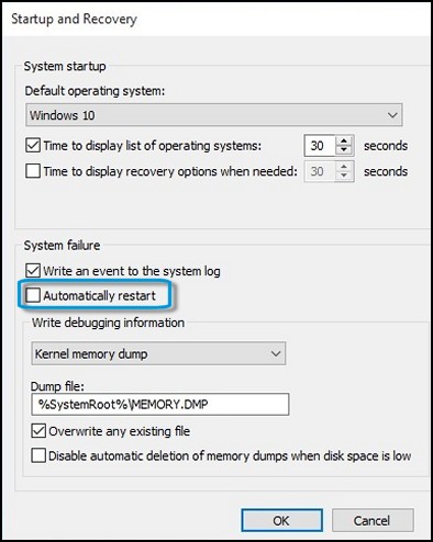 Location of the Automatically restart check box