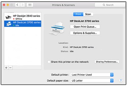 Example of the Printers &amp; Scanners window with printers displaying