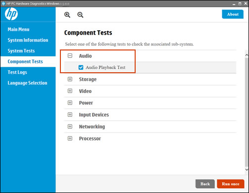 Component Test menu with Audio selected