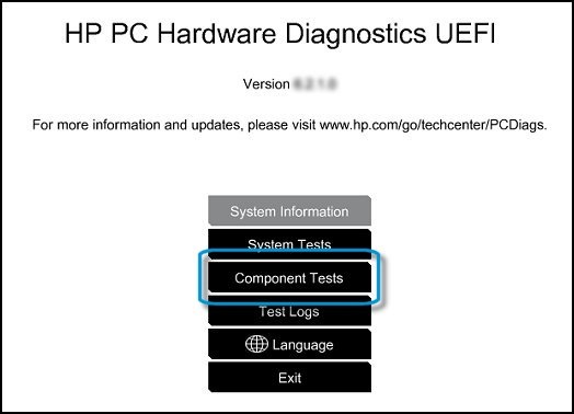 Selecting Component Tests from the main menu