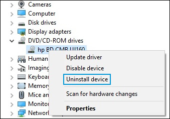 Device Manager window, uninstall DVD/CD-ROM drive