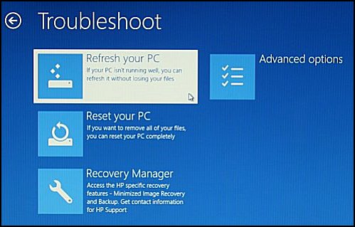 Selecting Refresh your PC on the Troubleshoot screen