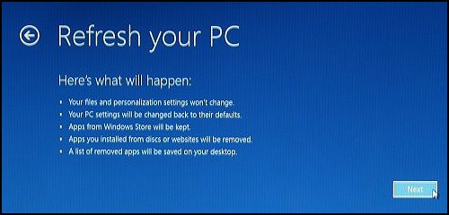 Clicking Next on Refresh your PC screen