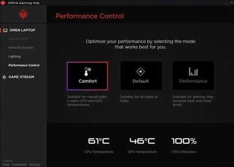Performance Control screen set on Comfort
