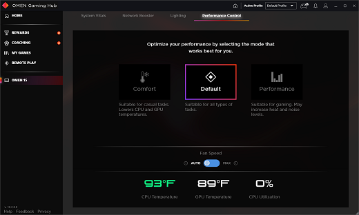 Performance Control screen set on Default