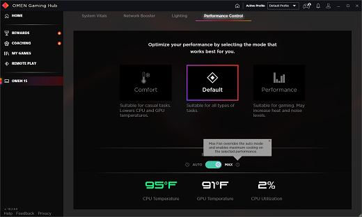 Performance Control screen set on Max Fan