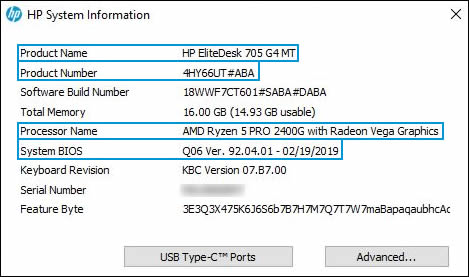 HP System Information window