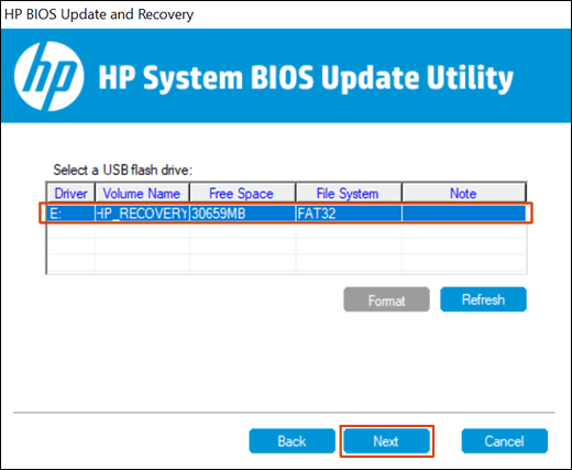 Selecting the USB flash drive