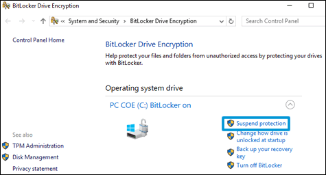 Suspending BitLocker protection