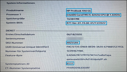 Systeminformationen listet die erforderlichen Informationen auf