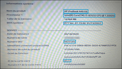 Les Informations système dressent la liste des informations nécessaires