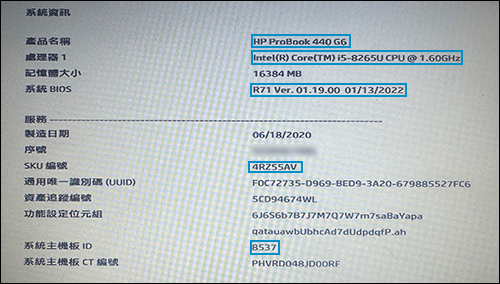 「系統資訊」列出了必要資訊