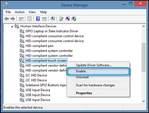 Enable the HID-compliant touch screen in Device Manager