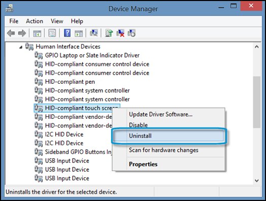 Uninstall the HID-compliant touch screen in Device Manager