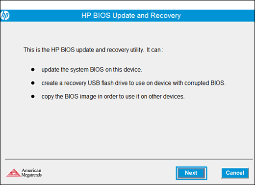 Klicken auf „Weiter“ im Fenster „HP BIOS-Update und Wiederherstellung“