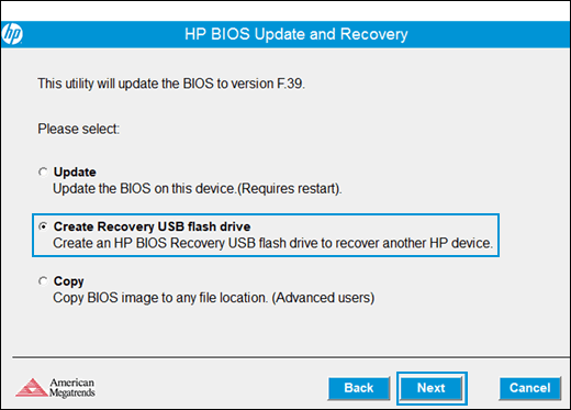 USB-Wiederherstellungs-Flash-Laufwerk erstellen im HP-System-BIOS-Aktualisierungsdienstprogramm