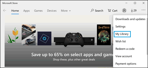 Выбор пункта Моя библиотека в меню Дополнительно