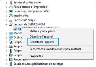Désinstallation du lecteur de DVD/CD-ROM dans le Gestionnaire de périphériques