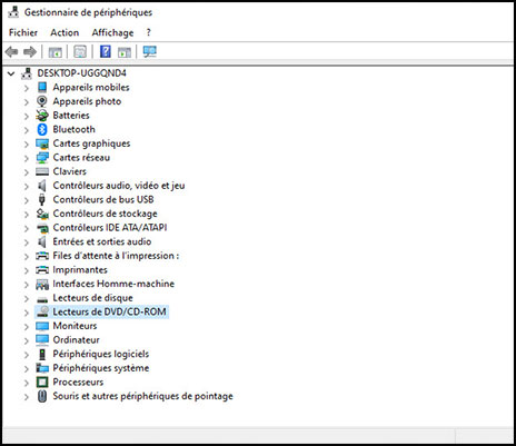 Fenêtre Gestionnaire de périphériques montrant l'emplacement de Lecteurs de DVD/CD-ROM
