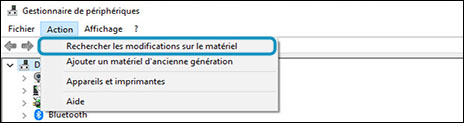 Menu Action dans le Gestionnaire de périphériques avec l'option Rechercher les modifications sur le matériel sélectionnée