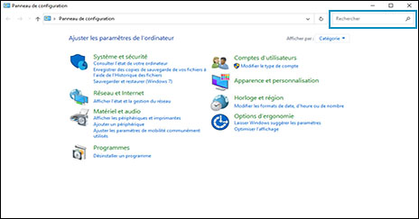 La fenêtre Panneau de commande avec la barre de recherche en surbrillance