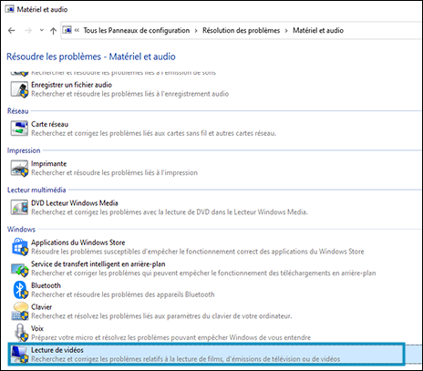 Fenêtre Résolution des problèmes avec l'option Lecture de vidéos sélectionnée