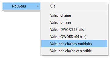 Illustration du menu du clic droit de l'Éditeur du registre, affichant Nouveau et Valeur de chaînes multiples