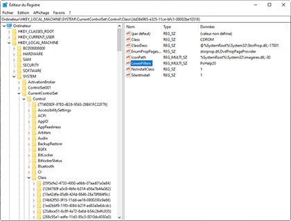 Fenêtre de l'Éditeur du Registre affichant la nouvelle clé LowerFilters PxHelp20