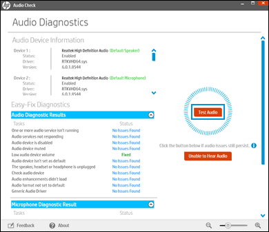 Reviewing the audio test results, and then clicking Test Audio