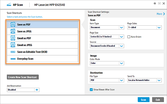 HP Scan Twain software, Scan Shortcuts highlighted