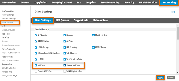 Embedded Web Server Networking tab, Other Settings, WebScan and Secure WebScan checkboxes highlighted