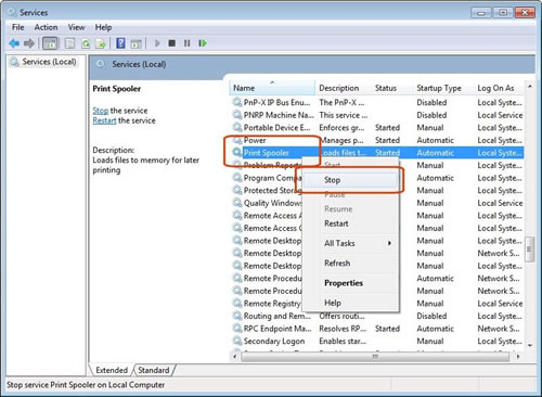 Stopping the Print Spooler from the Services window