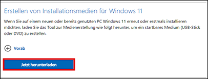 „Installationsmedien für Windows 11 erstellen“ mit hervorgehobener Option „Jetzt herunterladen“