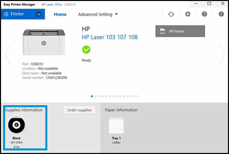 Example of Supplies Information in HP Easy Printer Manager